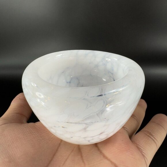 Hand Blown Art Glass Round Dish Bowl Heavy Small White Spots Hand Made Hollow - Picture 16 of 16